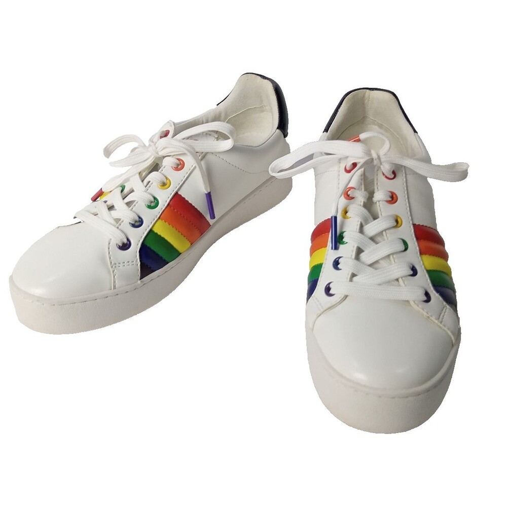 Michael Kors Poppy Lace Up Rainbow Sneakers White Pride Leather Size 7.5M